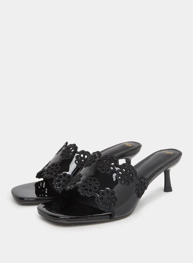 Styli Black Floral Cutout Kitten Heel Sandals